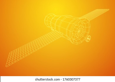 Space station communications satellite. Wireframe low poly mesh vector illustration.