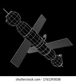 Space station communications satellite. Wireframe low poly mesh vector illustration.
