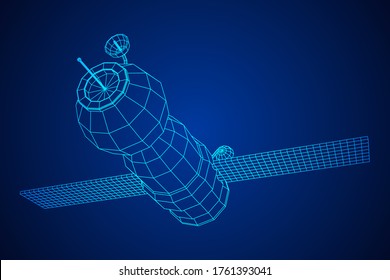 Space station communications satellite. Wireframe low poly mesh vector illustration.