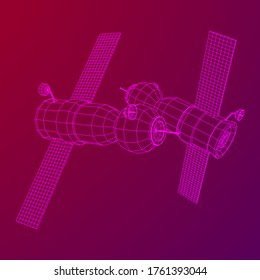 Space station communications satellite. Wireframe low poly mesh vector illustration.