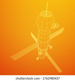 Space station communications satellite. Wireframe low poly mesh vector illustration.