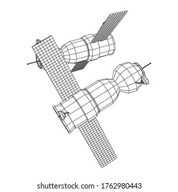 Satellit der Raumstation-Kommunikation. Wireframe Low-Poly-Mesh, Vektorgrafik.