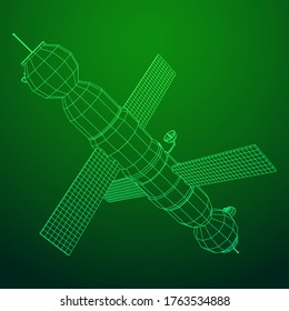 Satélite de comunicaciones de la estación espacial. Ilustración vectorial de malla baja de malla de malla de alambre.