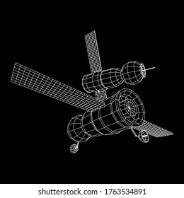 Space station communications satellite. Wireframe low poly mesh vector illustration.