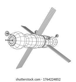 Space station communications satellite. Wireframe low poly mesh vector illustration.