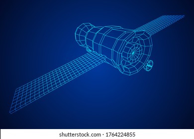 Satélite de comunicaciones de la estación espacial. Ilustración vectorial de malla baja de malla de malla de alambre.
