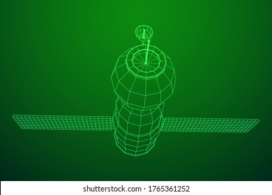 Space station communications satellite. Wireframe low poly mesh vector illustration.