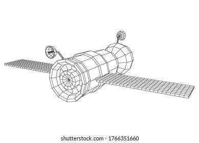 Space station communications satellite. Wireframe low poly mesh vector illustration.