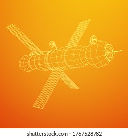 Satélite de comunicaciones de la estación espacial. Ilustración vectorial de malla baja de malla de malla de alambre.