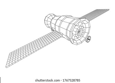 Space station communications satellite. Wireframe low poly mesh vector illustration.