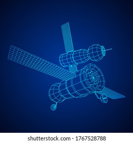 Space station communications satellite. Wireframe low poly mesh vector illustration.
