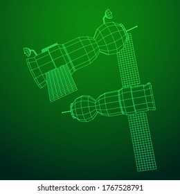 Satélite de comunicaciones de la estación espacial. Ilustración vectorial de malla baja de malla de malla de alambre.