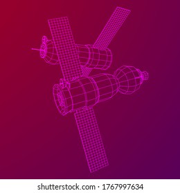 Satélite de comunicaciones de la estación espacial. Ilustración vectorial de malla baja de malla de malla de alambre.