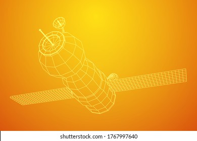 Space station communications satellite. Wireframe low poly mesh vector illustration.