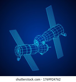 Satellit der Raumstation-Kommunikation. Wireframe Low-Poly-Mesh, Vektorgrafik.