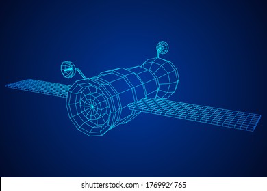 Space station communications satellite. Wireframe low poly mesh vector illustration.