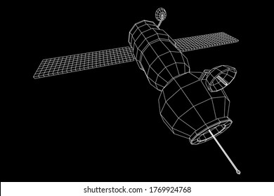 Satellit der Raumstation-Kommunikation. Wireframe Low-Poly-Mesh, Vektorgrafik.