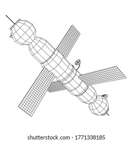 Space Station Communications Satellite. Wireframe Low Poly Mesh Vector Illustration.