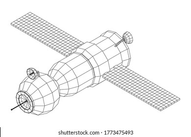 Space station communications satellite. Wireframe low poly mesh vector illustration.