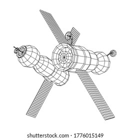 Space station communications satellite. Wireframe low poly mesh vector illustration.