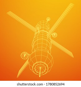 Space station communications satellite. Wireframe low poly mesh vector illustration.
