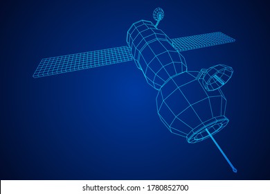 Space station communications satellite. Wireframe low poly mesh vector illustration.