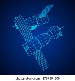 Space station communications satellite. Wireframe low poly mesh vector illustration.