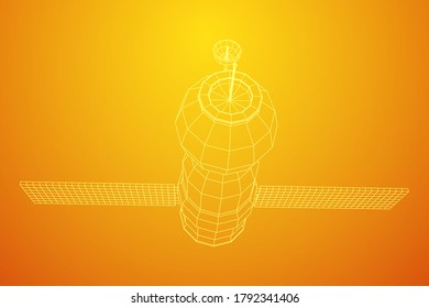 Space station communications satellite. Wireframe low poly mesh vector illustration.