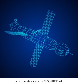 Space Station Communications Satellite. Wireframe Low Poly Mesh Vector Illustration.