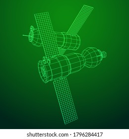 Space station communications satellite. Wireframe low poly mesh vector illustration.