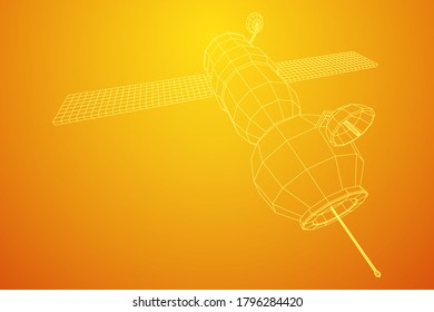 Space station communications satellite. Wireframe low poly mesh vector illustration.