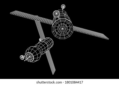 Space station communications satellite. Wireframe low poly mesh vector illustration.