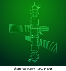 Space station communications satellite. Wireframe low poly mesh vector illustration.