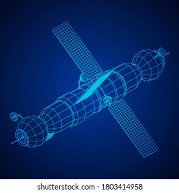Space station communications satellite. Wireframe low poly mesh vector illustration.