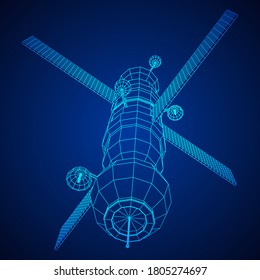 Space station communications satellite. Wireframe low poly mesh vector illustration.