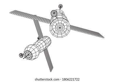 Space station communications satellite. Wireframe low poly mesh vector illustration.