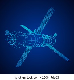 Satellit der Raumstation-Kommunikation. Wireframe Low-Poly-Mesh, Vektorgrafik.