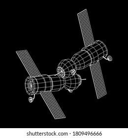 Satellit der Raumstation-Kommunikation. Wireframe Low-Poly-Mesh, Vektorgrafik.