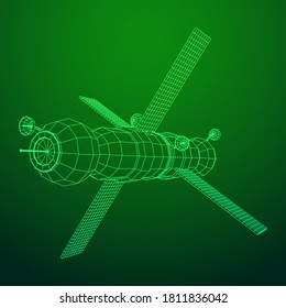 Space station communications satellite. Wireframe low poly mesh vector illustration.