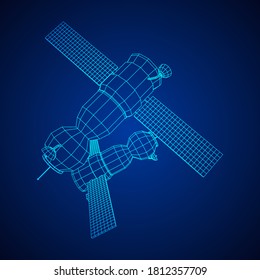 Satélite de comunicaciones de la estación espacial. Ilustración vectorial de malla baja de malla de malla de alambre.