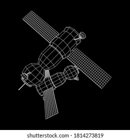 Space station communications satellite. Wireframe low poly mesh vector illustration.