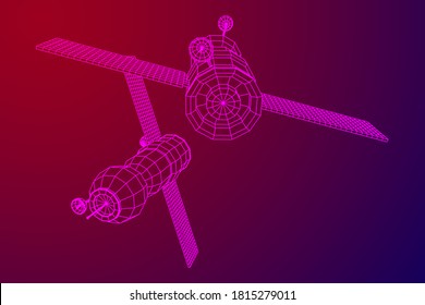 Space station communications satellite. Wireframe low poly mesh vector illustration.
