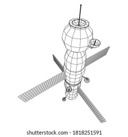 Space station communications satellite. Wireframe low poly mesh vector illustration.