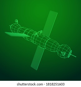 Space station communications satellite. Wireframe low poly mesh vector illustration.