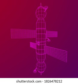 Space station communications satellite. Wireframe low poly mesh vector illustration.