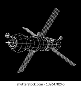 Space station communications satellite. Wireframe low poly mesh vector illustration.