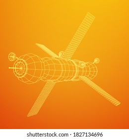 Space station communications satellite. Wireframe low poly mesh vector illustration.