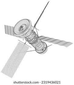 Satellit der Raumstation-Kommunikation. Wireframe Low-Poly-Mesh, Vektorgrafik