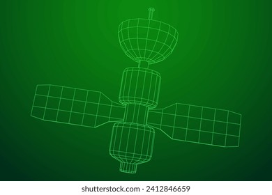 Space station communications satellite. Wireframe low poly mesh vector illustration.
