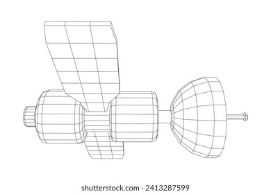 Space station communications satellite. Wireframe low poly mesh vector illustration.